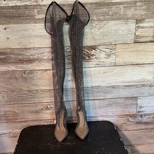 NEVER WORN Black Mesh Sparkle Thigh-High Boots